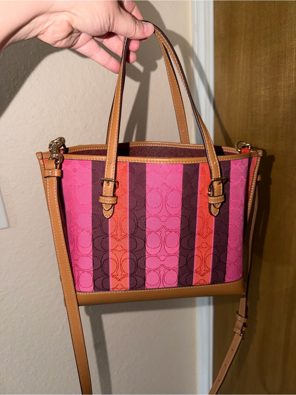 Coach Mollie 25 Pink and Orange Stripe Satchel with Tan Trim - Picture 5 of 16